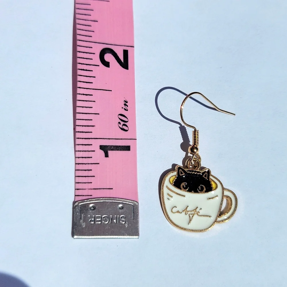 Cat Coffee Cup Dangle Earrings White Black 1.57 Inch Drop Pierced Ears New